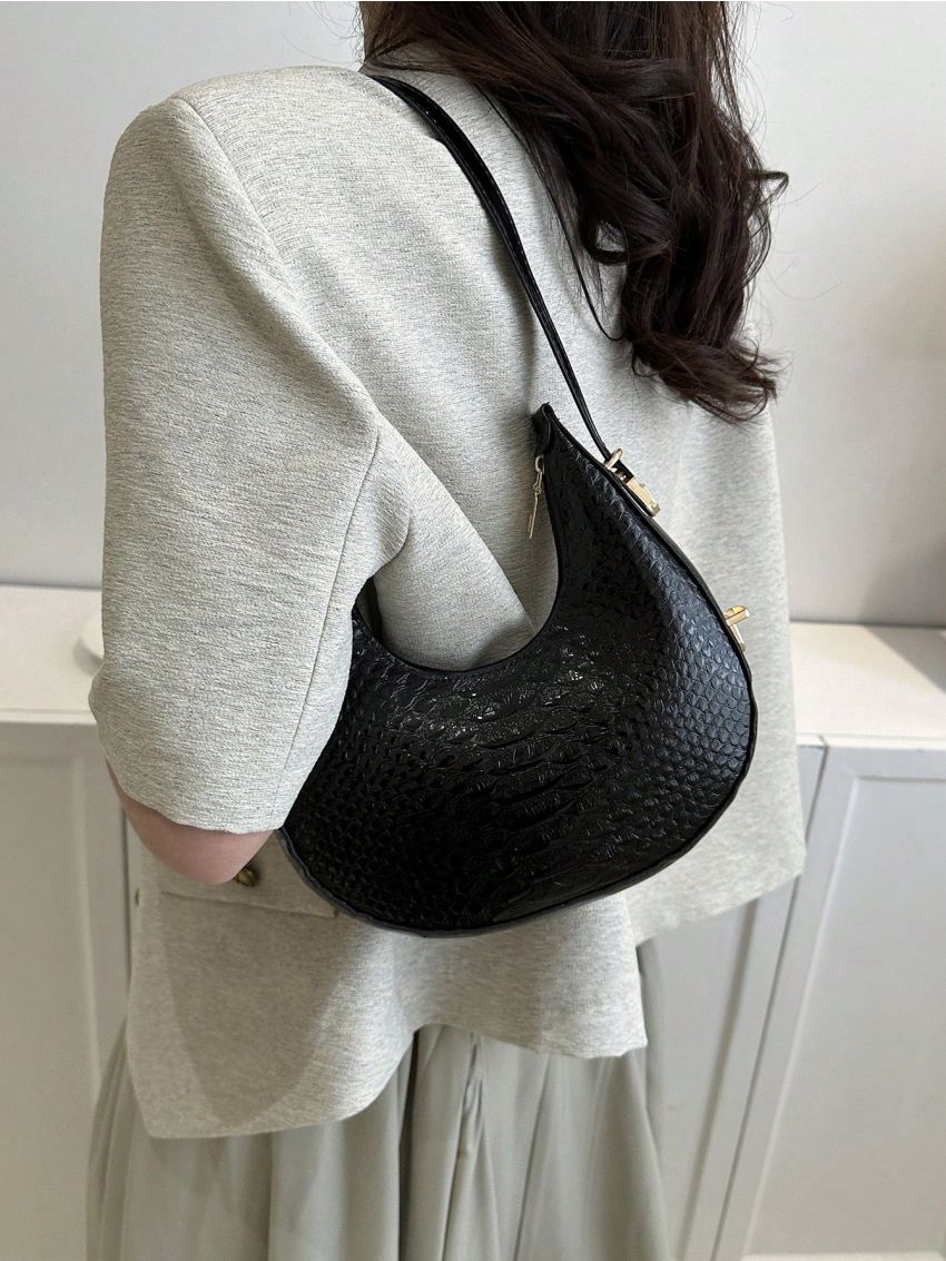 Small Hobo Bag Crocodile Embossed Minimalist Black