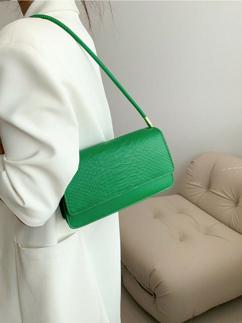 Small Flap Square Bag Crocodile Embossed Minimalist