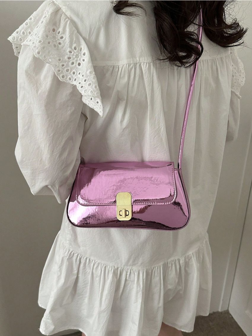 Small Flap Baguette Bag Turn Lock Metallic Funky