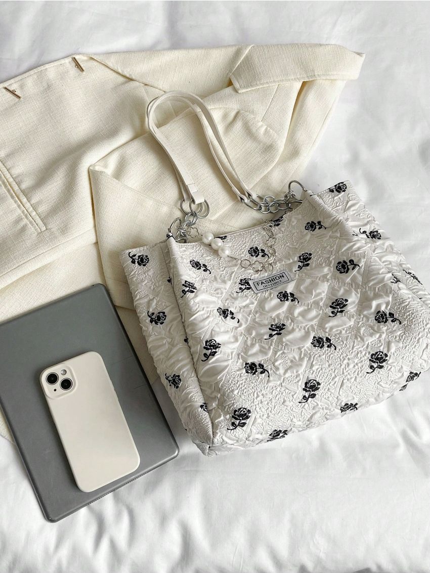 Medium Shopper Bag Floral Graphic Letter Patch & Pearl & Chain Decor