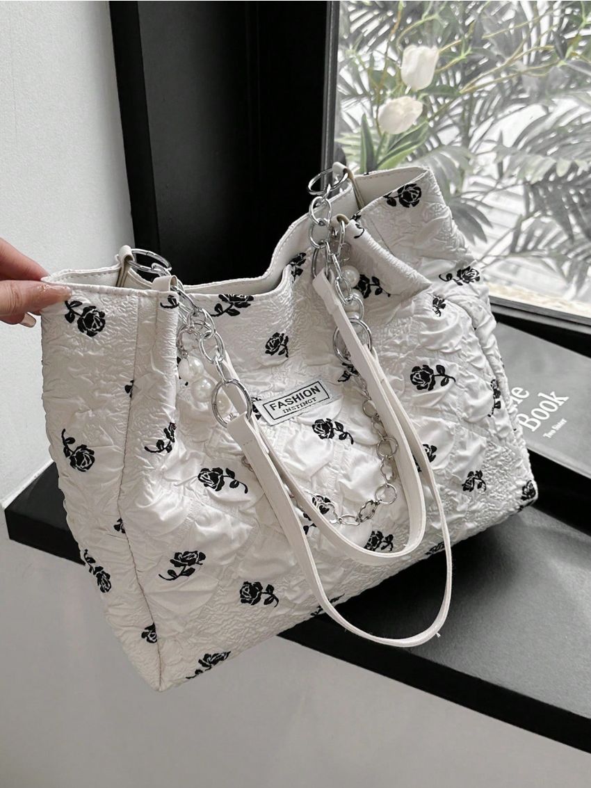 Medium Shopper Bag Floral Graphic Letter Patch & Pearl & Chain Decor