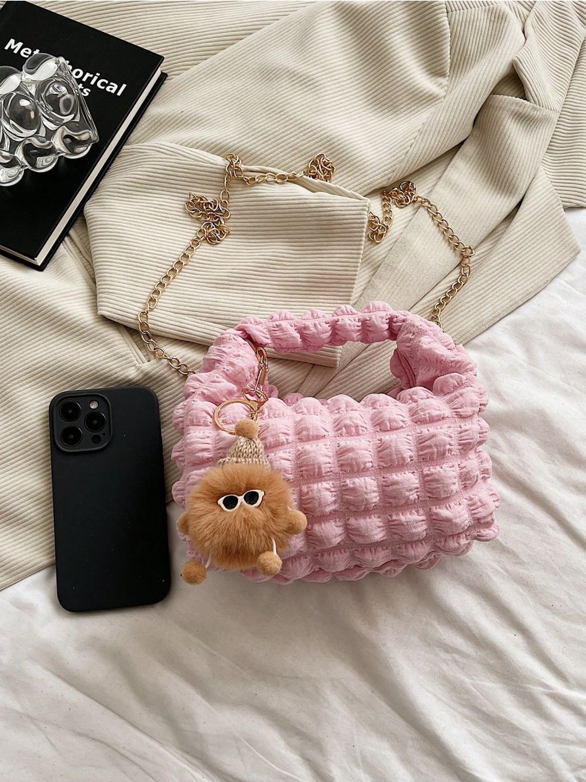 Mini Ruched Bag With Pom Pom Bag Charm Chain Strap