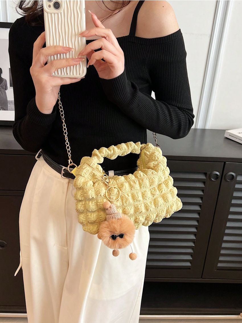 Mini Ruched Bag With Pom Pom Bag Charm Chain Strap