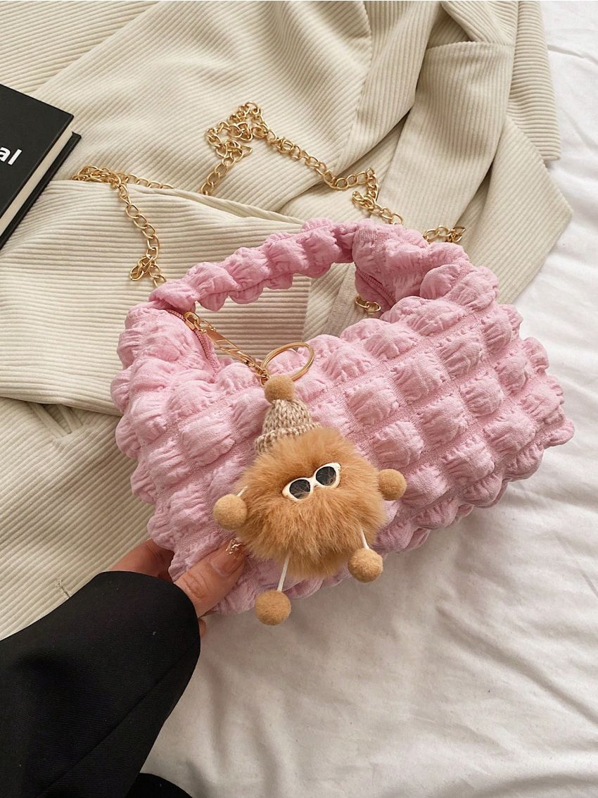 Mini Ruched Bag With Pom Pom Bag Charm Chain Strap