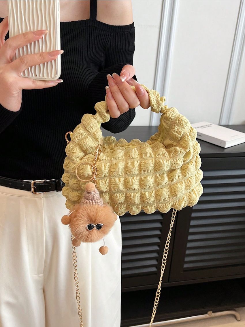 Mini Ruched Bag With Pom Pom Bag Charm Chain Strap