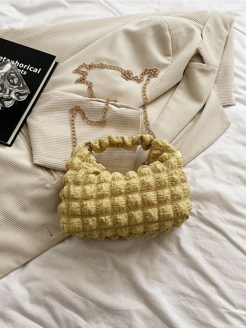 Mini Ruched Bag With Pom Pom Bag Charm Chain Strap