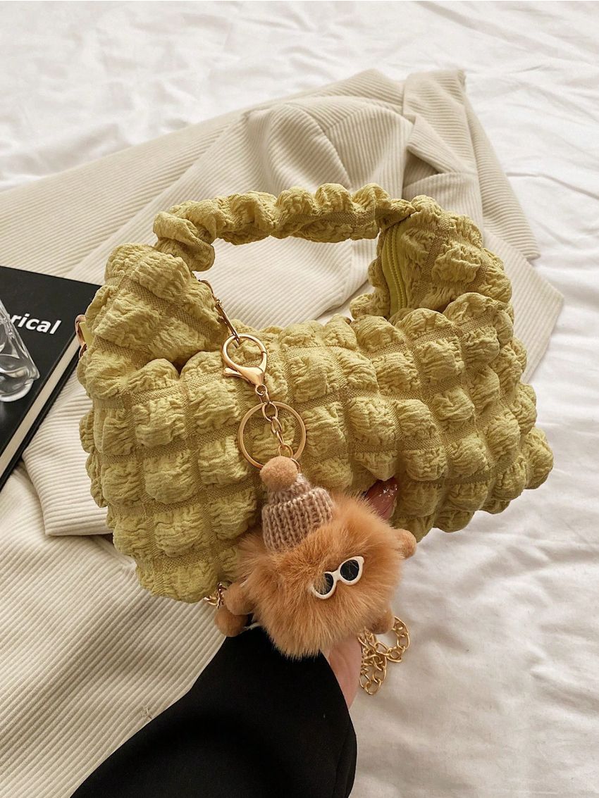 Mini Ruched Bag With Pom Pom Bag Charm Chain Strap