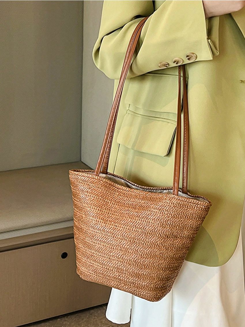 Medium Straw Bag Paper Double Handle Solid Color