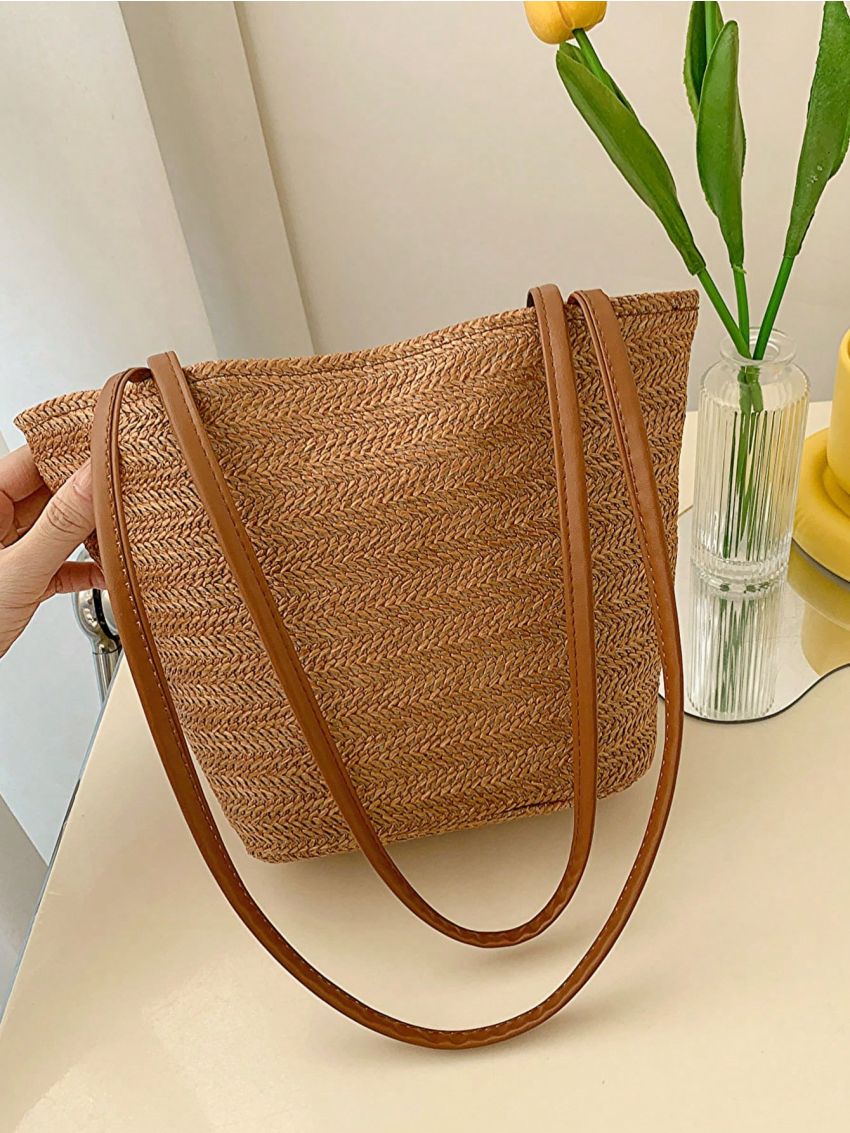 Medium Straw Bag Paper Double Handle Solid Color
