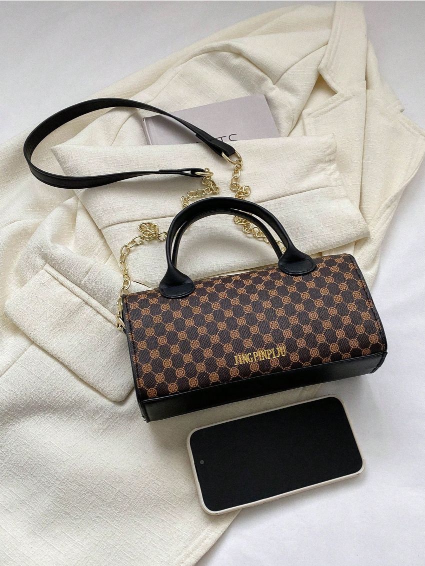 Small Boston Bag All Over Print Double Handle Chain Strap For Work