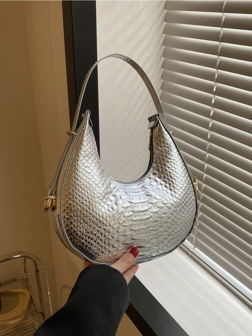 Small Funky Style Hobo Bag Crocodile Embossed