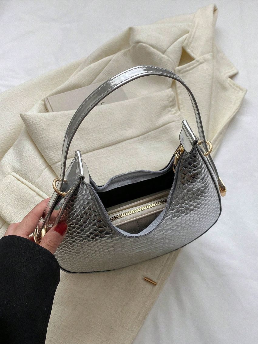 Small Funky Style Hobo Bag Crocodile Embossed