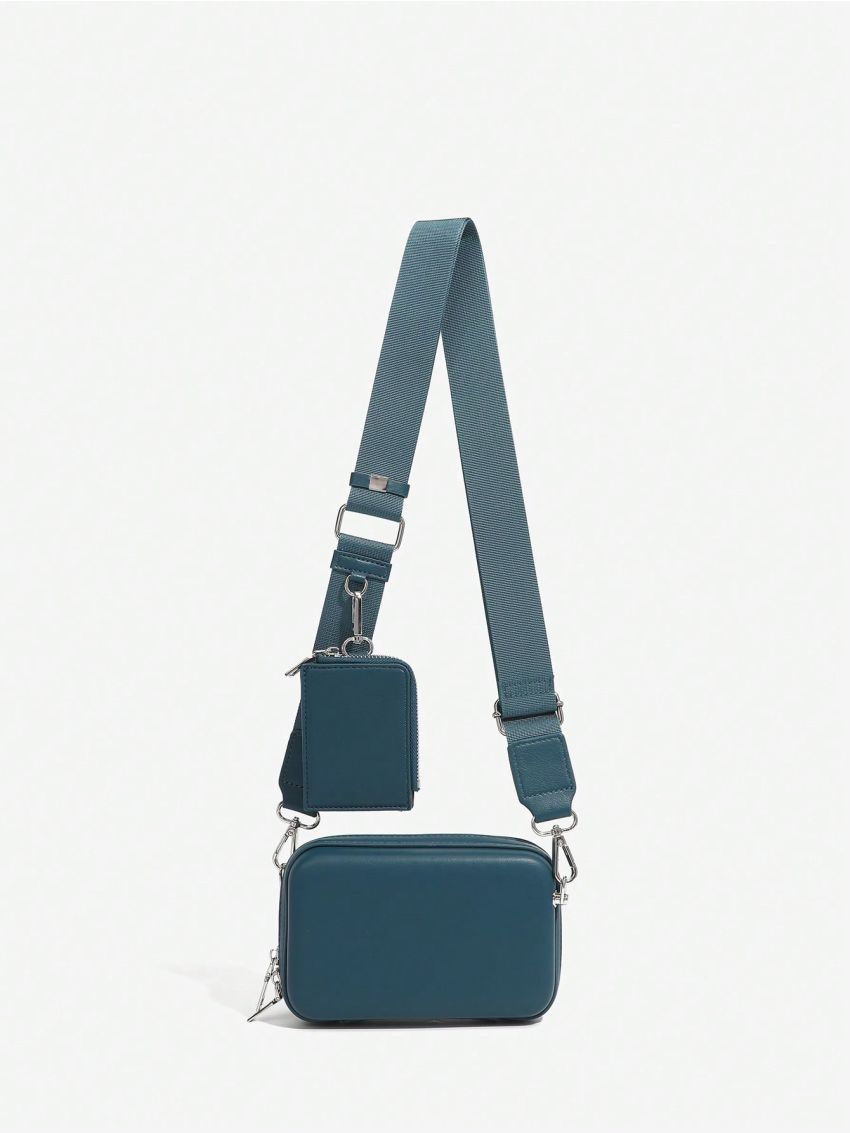 Black Square Bag With Coin Purse Minimalist Zipper Adjustable Strap PU