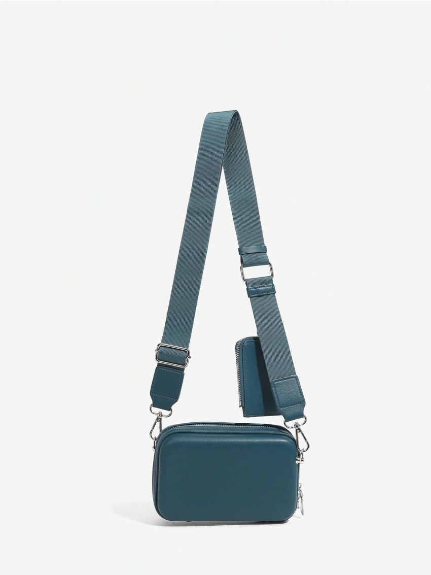 Black Square Bag With Coin Purse Minimalist Zipper Adjustable Strap PU