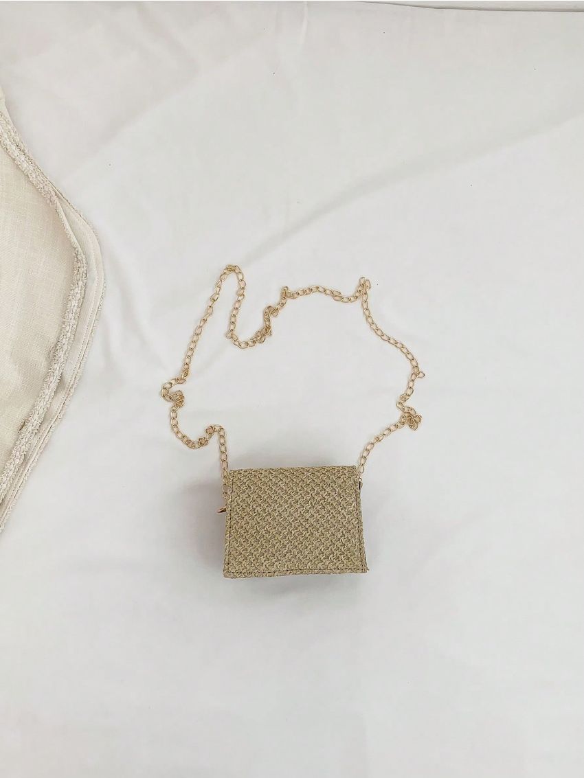 Mini Straw Bag Flower Decor Chain Strap Vacation Style