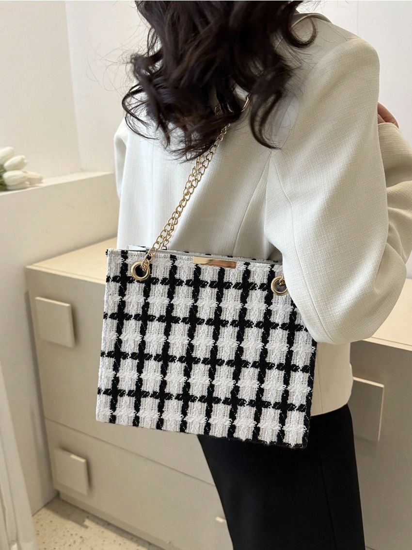 Plaid Pattern Square Bag Chain Zipper Polyester