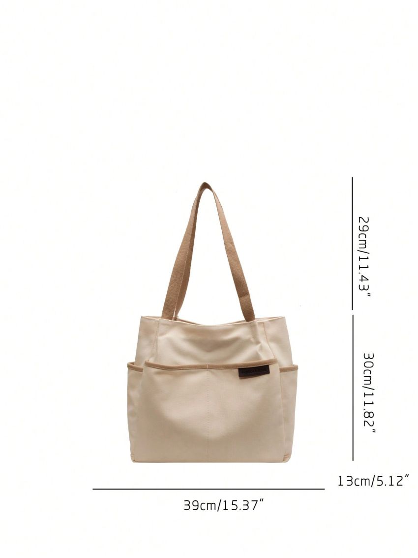 Letter Patch Decor Shoulder Tote Bag Medium Contrast Binding Zipper