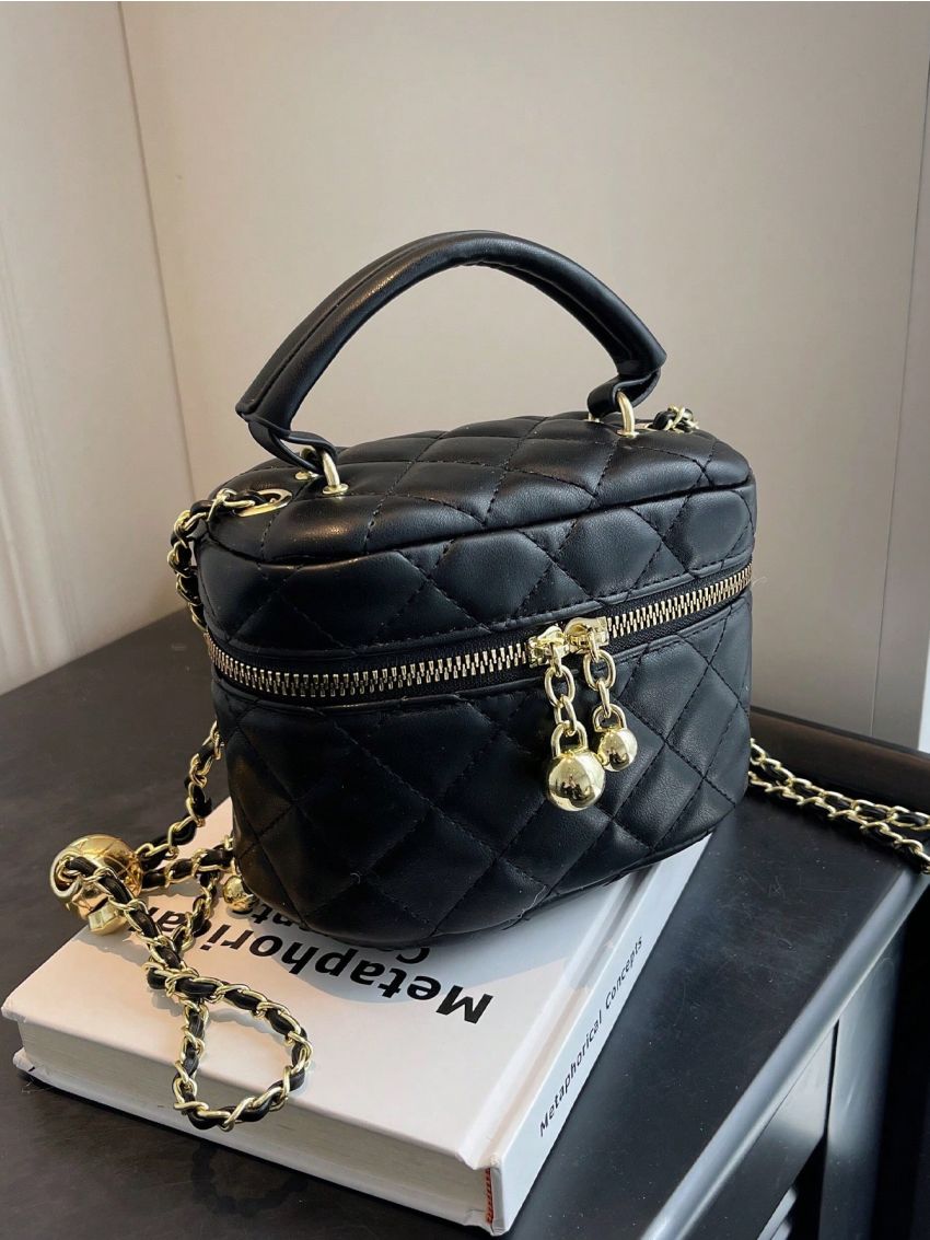 Mini Bucket Bag Zipper Quilted Chain PU