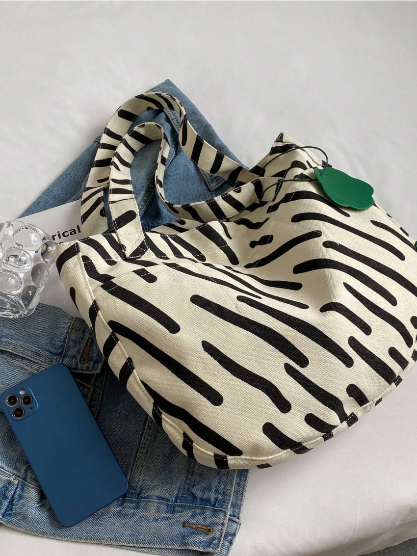 Large Shoulder Tote Bag Fashionable Striped Pattern Zipper