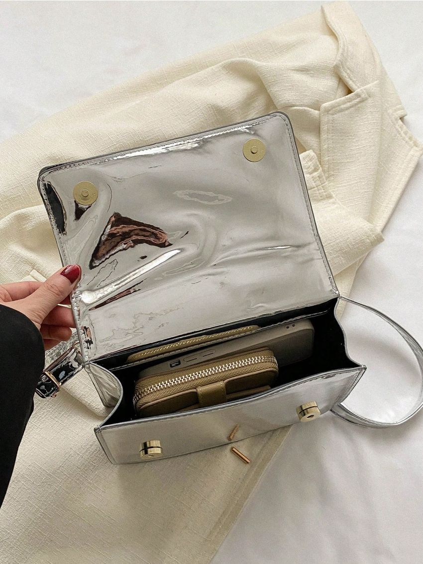 Mini Square Bag Funky Metallic Silver Chain Decor PU