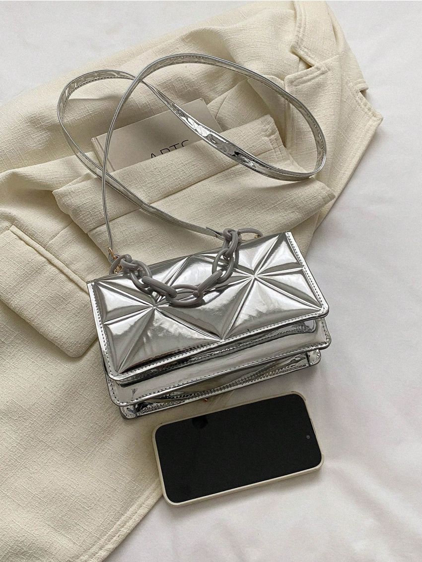 Mini Square Bag Funky Metallic Silver Chain Decor PU