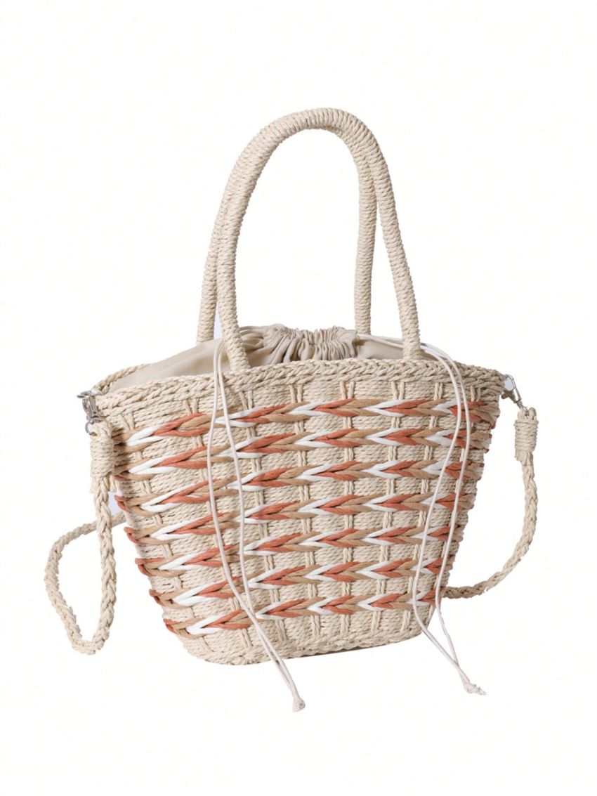 Medium Straw Bag Color Block Drawstring Design