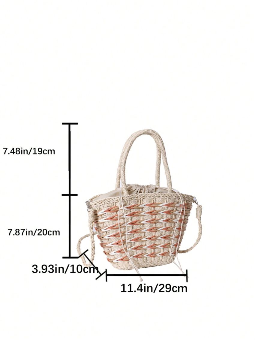 Medium Straw Bag Color Block Drawstring Design