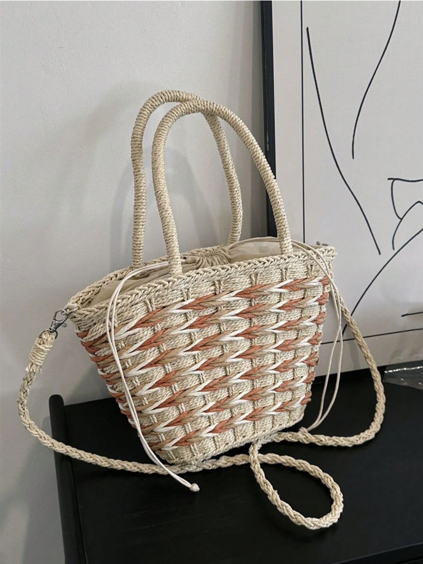 Medium Straw Bag Color Block Drawstring Design