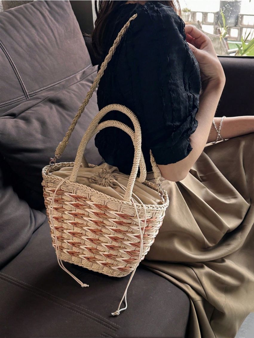 Medium Straw Bag Color Block Drawstring Design