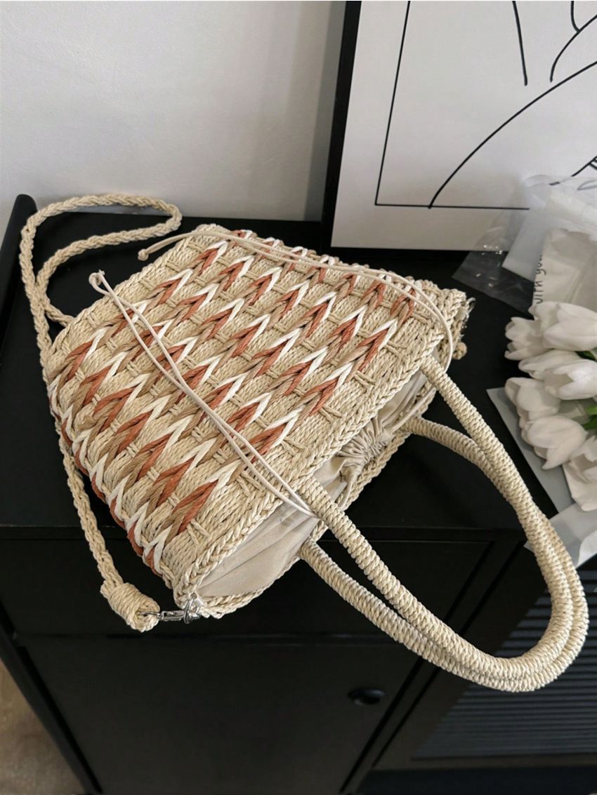 Medium Straw Bag Color Block Drawstring Design