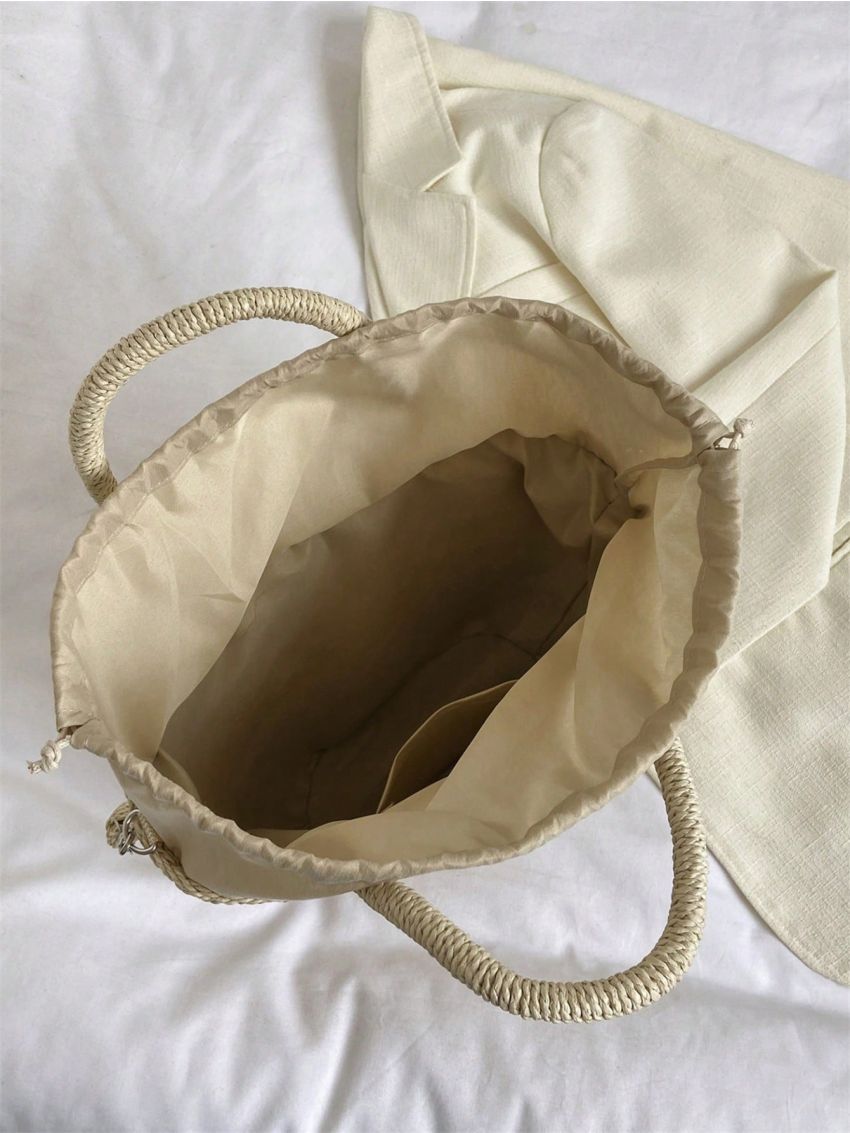 Medium Straw Bag Color Block Drawstring Design