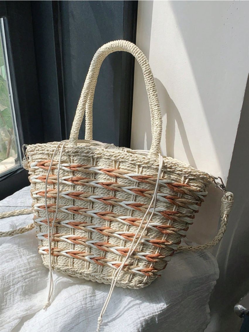 Medium Straw Bag Color Block Drawstring Design