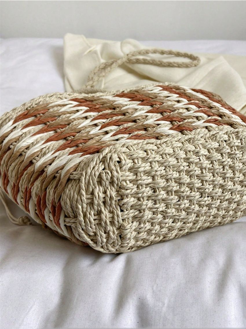 Medium Straw Bag Color Block Drawstring Design