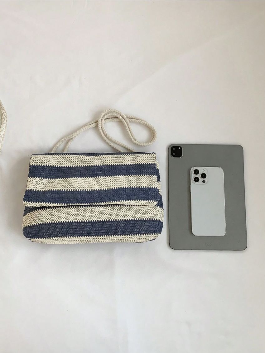 Striped Pattern Straw Bag Vacation Flap For Beach