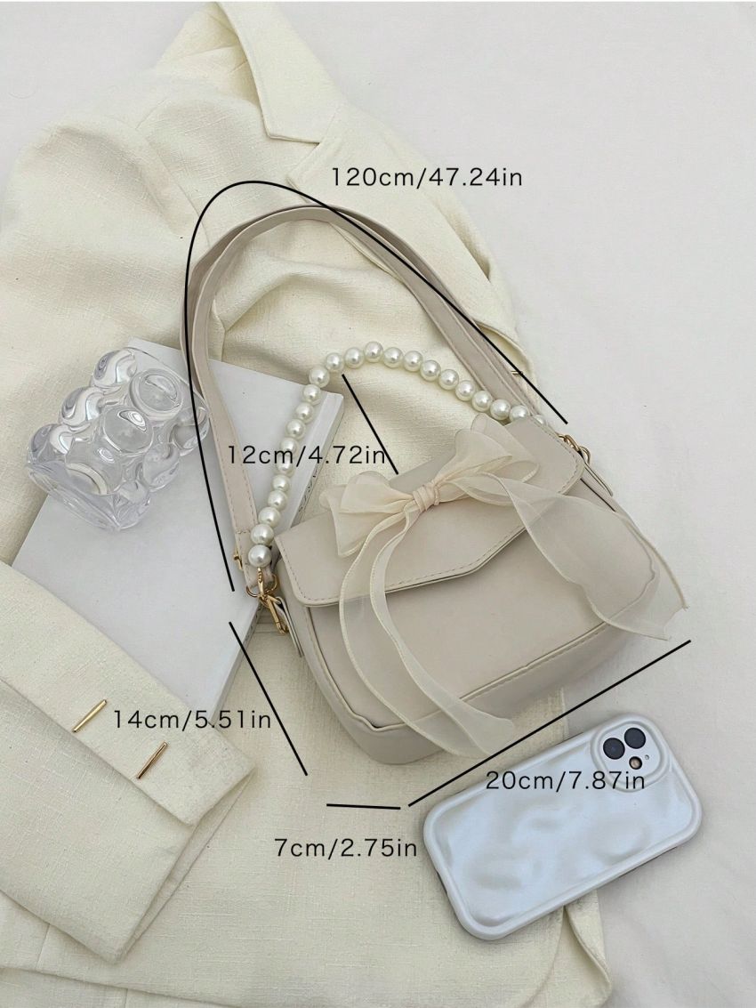 Mini Square Bag Bow & Faux Pearl Decor Flap For Daily