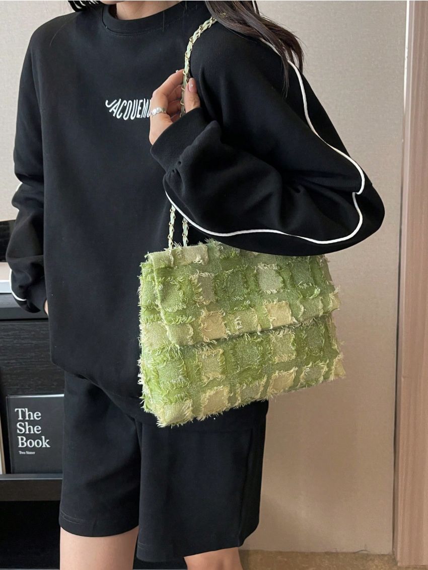 Plaid Pattern Square Bag Frill Detail Flap Chain Strap For Daily
