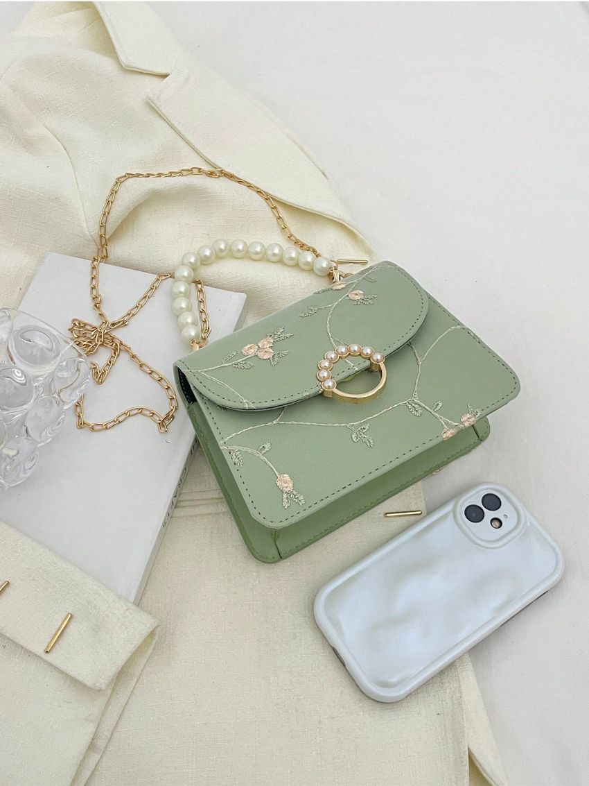 Mini Square Bag Flower Embroidery Faux Pearl Decor Fashionable