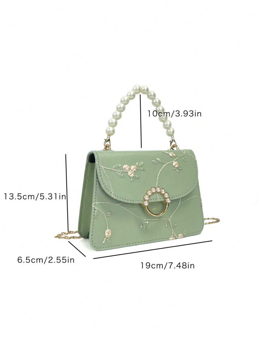 Mini Square Bag Flower Embroidery Faux Pearl Decor Fashionable