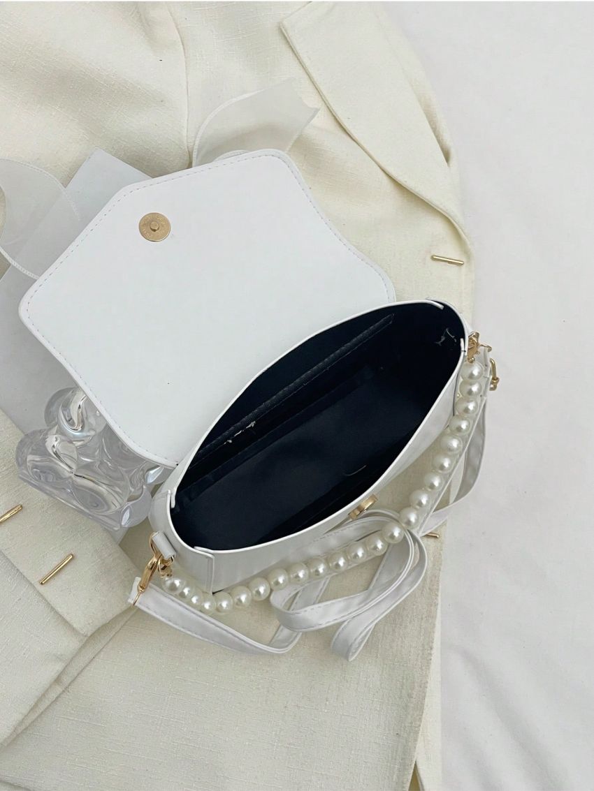 Mini Square Bag Bow & Faux Pearl Decor Flap For Daily