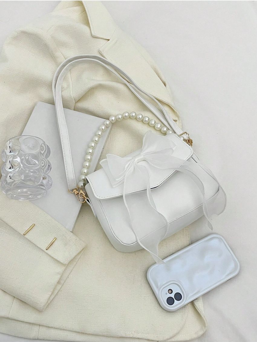 Mini Square Bag Bow & Faux Pearl Decor Flap For Daily