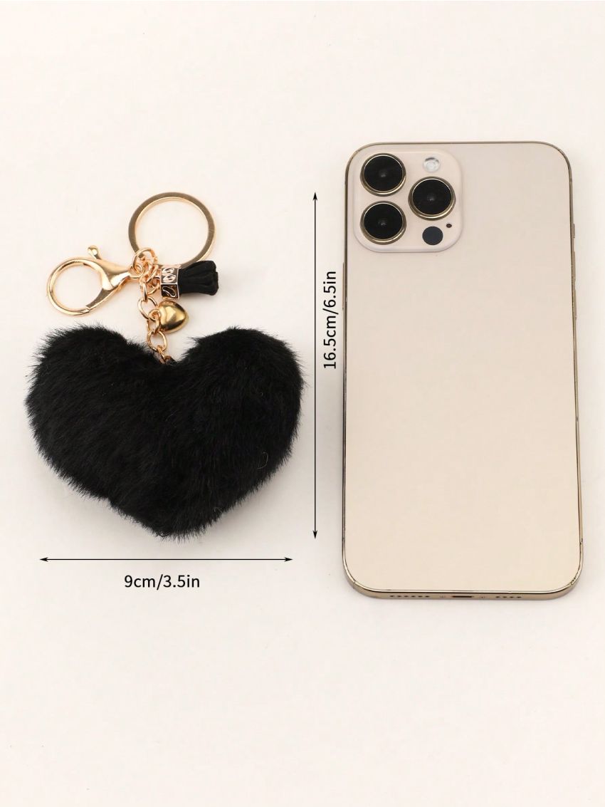 Black Heart Design Bag Charm Pom Pom Decor