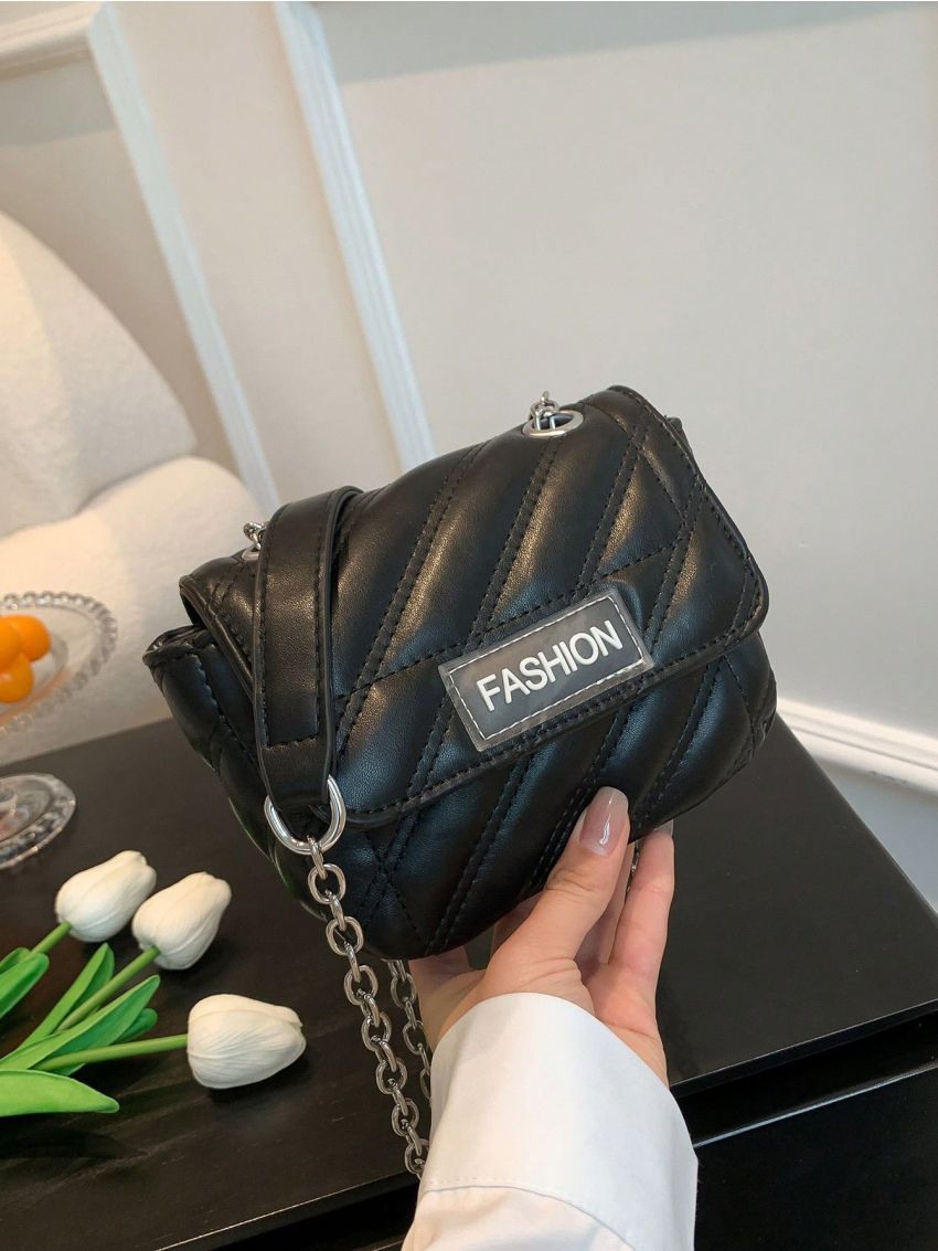 Mini Square Bag Letter Patch Stitch Detail Chain Strap