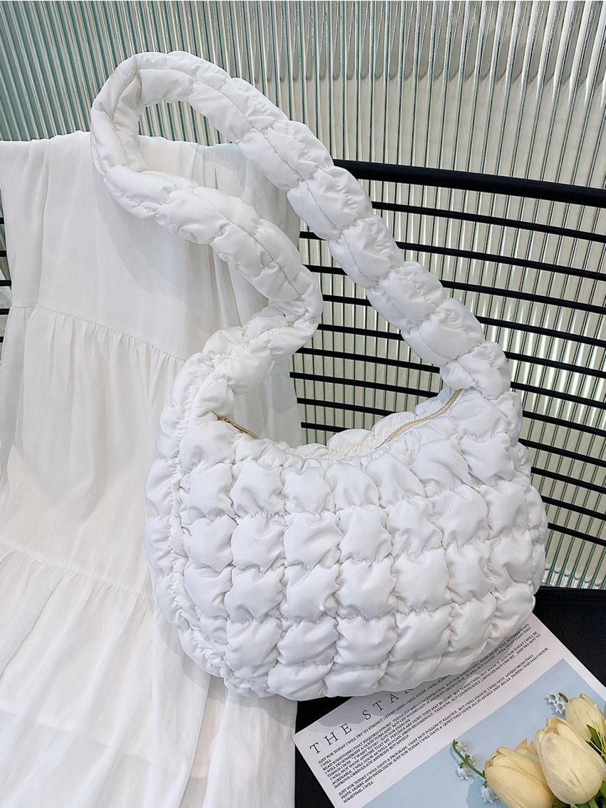 Quilted Detail Ruched Bag With Zipper Nylon