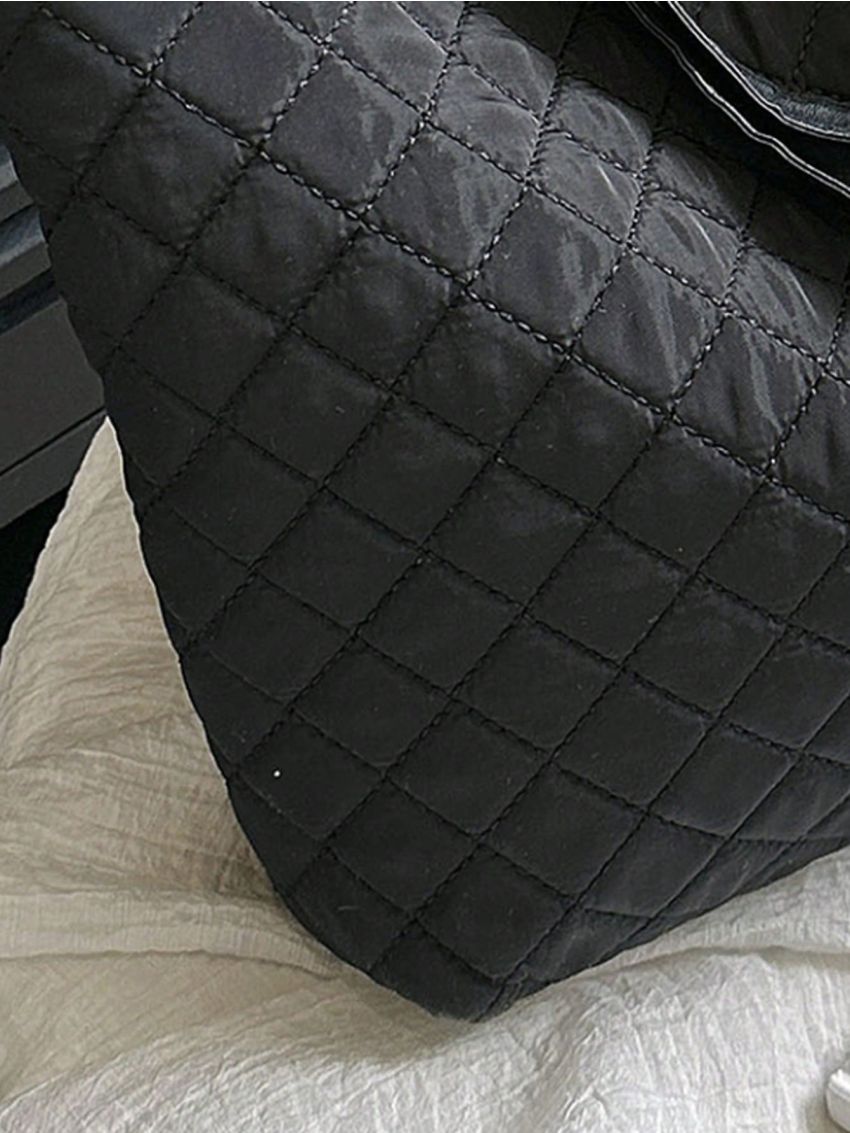 Oversized Shoulder Tote Bag Quilted Detail Flower Decor Double Handle