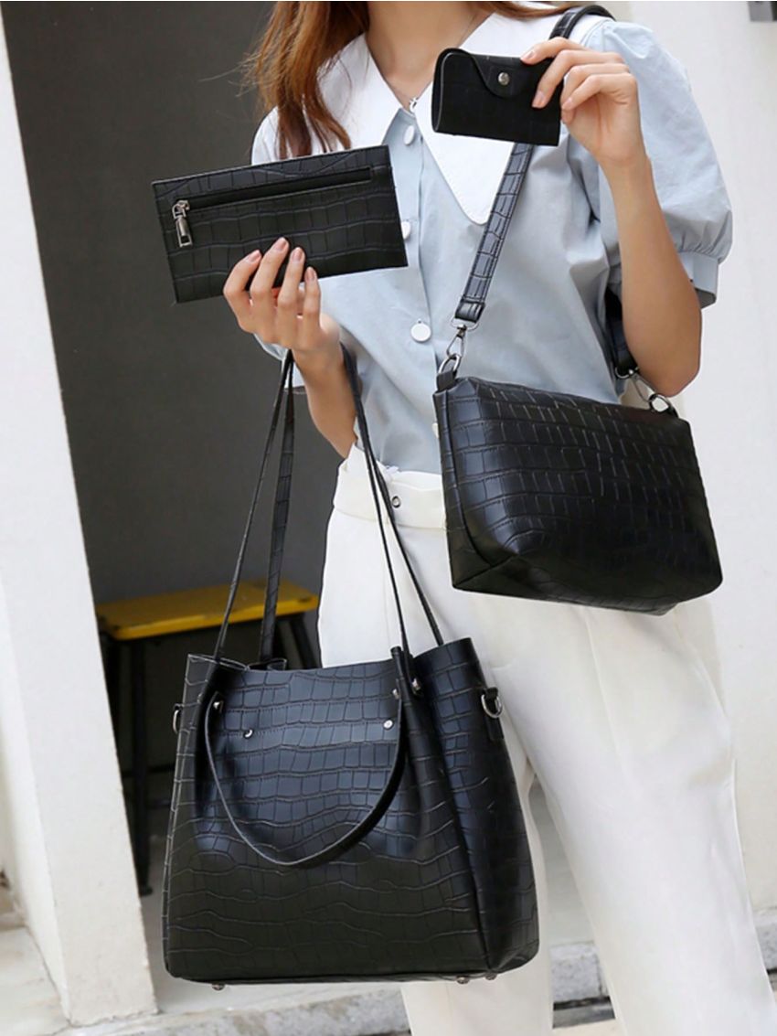 4pcs Retro Style Tote Bag Set, Women's Pu Handbag & Crossbody Bag & Clutch Purse & Card Holder, Mothers Day Gift For Mom