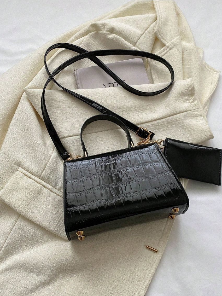 Mini Square Bag With Small Pouch Crocodile Embossed PU Twist Lock