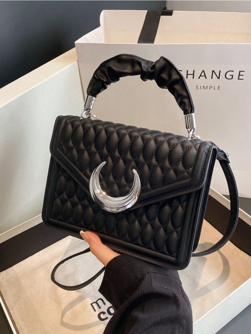 Quilted Square Bag Moon Decor Flap PU Black