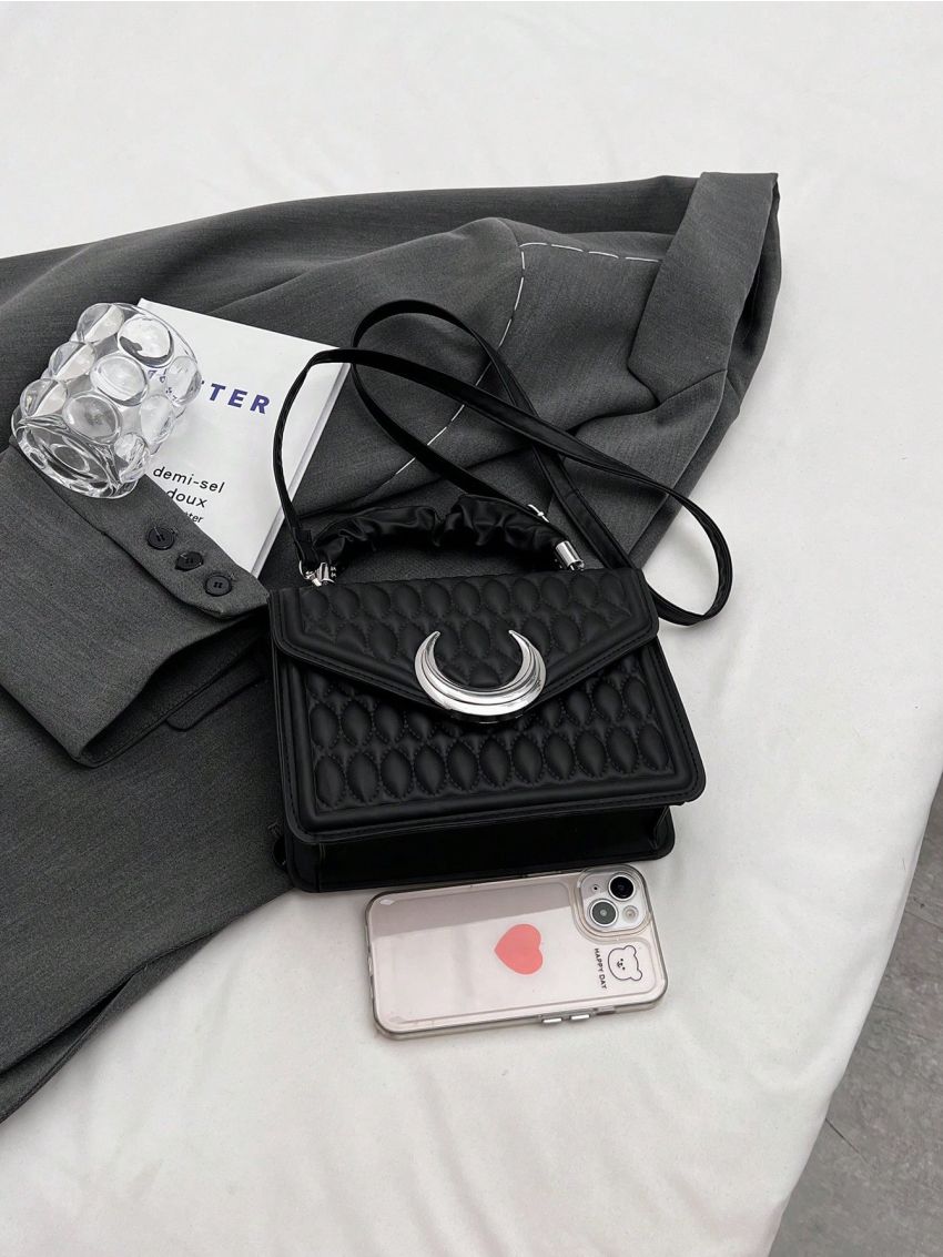 Quilted Square Bag Moon Decor Flap PU Black