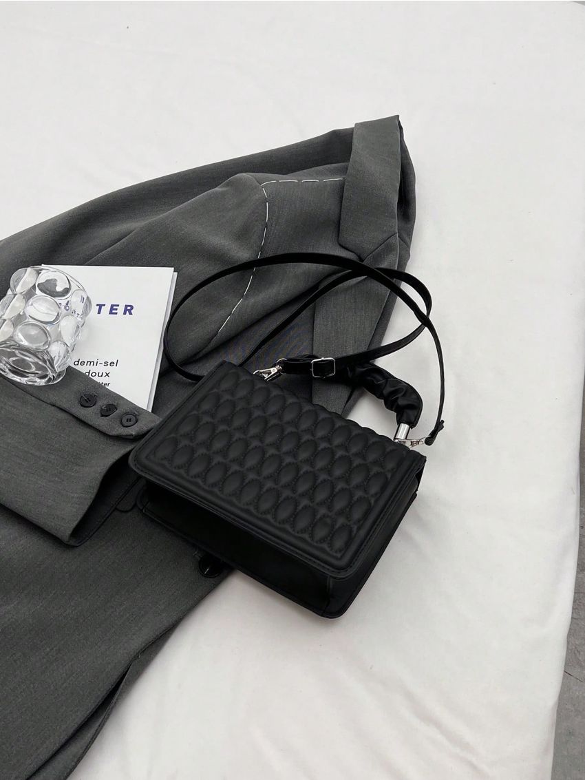 Quilted Square Bag Moon Decor Flap PU Black