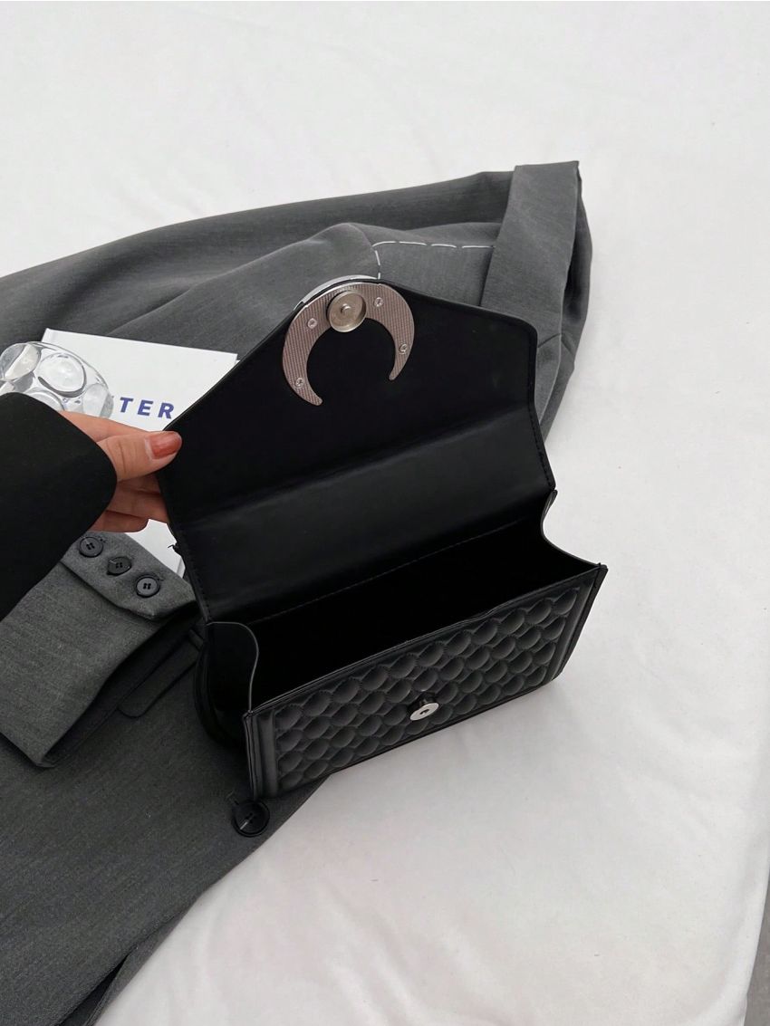 Quilted Square Bag Moon Decor Flap PU Black